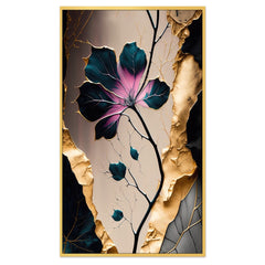 DEKORSTATION Luxury Abstract Floral Canvas Wall Painting | Modern Pink Blue Flower with Gold Leaf Wall Art Decor For Living Room | Bedroom | Office | Drawing room