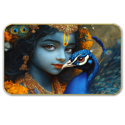 DEKORSTATION Premium Lord Krishna with Peacock Modern Art with Sparkle Lamination - Golden Slim Frame Devotional Painting for Living Room & Office - Finished Surface Spiritual Wall Decor, 11 x 14 Inch