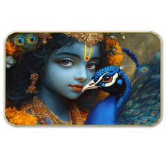 DEKORSTATION Premium Lord Krishna with Peacock Modern Art with Sparkle Lamination - Golden Slim Frame Devotional Painting for Living Room & Office - Finished Surface Spiritual Wall Decor, 11 x 14 Inch
