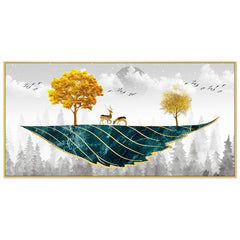 DEKORSTATION Abstract Nature Canvas Wall Painting with Deer Trees Birds Gold Teal Canvas Painting Home Decoration for Living Room | Bedroom | Office | Drawing room