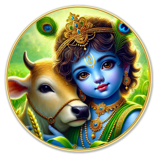 DEKORSTATION Premium Baby Krishna with Cow Round Wall Art with Sparkle Lamination - Golden Slim Circular Frame Bal Gopal Painting for Living Room & Pooja Room - Finished Surface Spiritual Wall Decor, 12 x 12 Inch