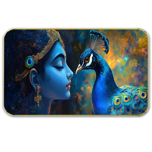DEKORSTATION Premium Lord Krishna with Peacock Modern Wall Art with Sparkle Lamination - Golden Slim Frame Devotional Painting for Living Room & Bedroom - Finished Surface Spiritual Wall Decor, 11 x 14 Inch