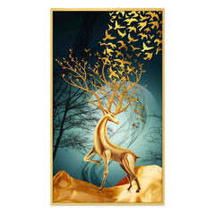 DEKORSTATION Royal Golden Deer Canvas Wall Painting with Flying Birds for Living Room, Bedroom & Office, Drawing room| Luxury Abstract Deer Wildlife Wall Art Decor