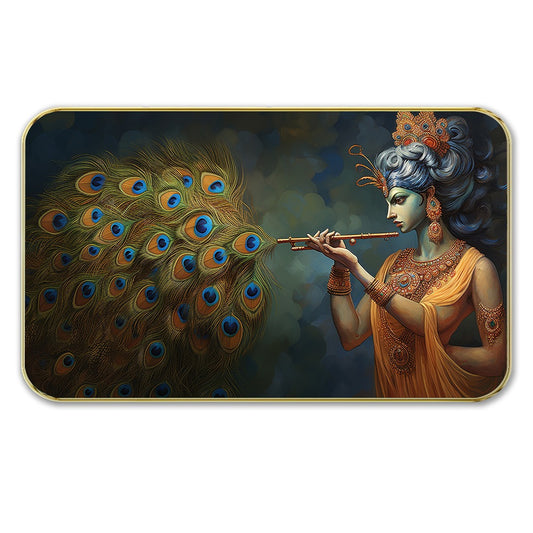 DEKORSTATION Premium Lord Krishna with Peacock Feather Modern Art with Sparkle Lamination - Golden Slim Frame Devotional Painting for Living Room - Finished Surface Spiritual Wall Hanging, 11 x 14 Inch