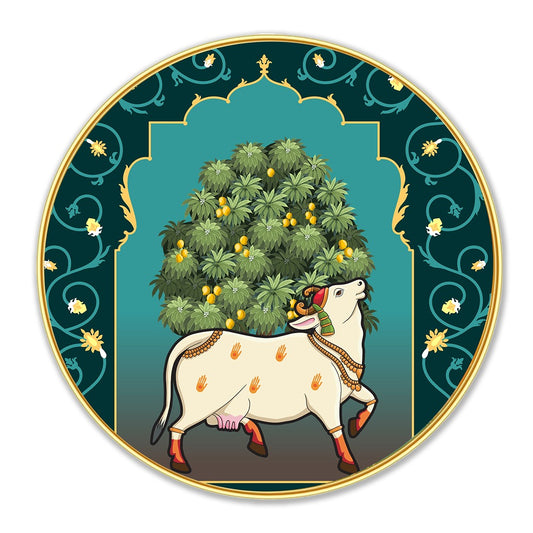 DEKORSTATION Premium Modern Art Wall Decor Ð Sacred Cow (Kamadhenu) Traditional Artwork | Sparkle Lamination | Golden Slim Frame | Finished Surface | 12 x 12 Inch | Home, Office & Hotel Decor