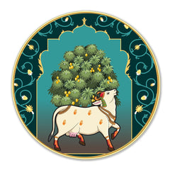 DEKORSTATION Premium Modern Art Wall Decor Ð Sacred Cow (Kamadhenu) Traditional Artwork | Sparkle Lamination | Golden Slim Frame | Finished Surface | 12 x 12 Inch | Home, Office & Hotel Decor