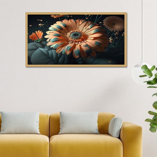 Ethereal Bloom Peach Flower and green leaf Vibrant Blue and Orange Floral Canvas Art Elegant Floating Frame Wall Paintings
