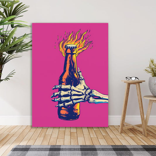 Skeleton Grip on Flaming Bottle Canvas Painting Party Node On Bold Pop Art Canvas Wall Decor for Wall Decoration Elegant Moder Art Stretched Wall Paintings