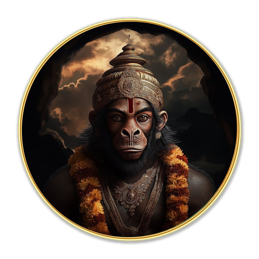 DEKORSTATION Premium Lord Hanuman Modern Wall Art with Sparkle Lamination - Golden Slim Frame Bajrangbali Painting for Living Room & Pooja Room - Finished Surface Devotional Decor, 12 x 12 Inch Round