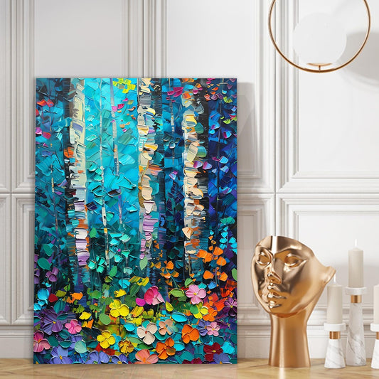 Vibrant Birch Forest Colorful Textured Landscape Canvas Wall Painting Modern Nature Painting for Wall Decoration Elegant Little Girl Moder Art Stretched Wall Paintings