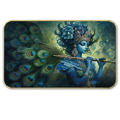 DEKORSTATION Premium Blue Lord Krishna with Peacock Feather Flute Modern Art - Sparkle Laminated Painting with Golden Slim Frame for Living Room & Office - Divine Mural Spiritual Wall Decor, 11 x 14 Inch