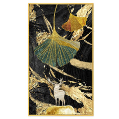 DEKORSTATION Luxury Golden Ginkgo Leaf & Deer Canvas Wall Painting | Modern Abstract Black Gold Nature Wall Art Decor For Living Room | Bedroom | Office | Drawing room