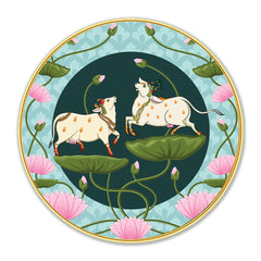DEKORSTATION Couple Cow Pichwai Painting | Premium Modern Art Wall Decor with Sparkle Lamination | Golden Slim Frame | Finished Surface | 12 x 12 Inch | Home, Office & Hotel DŽcor