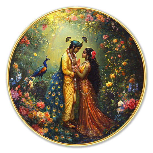 DEKORSTATION Premium Radha Krishna Modern Wall Art with Sparkle Lamination Painting - Golden Slim Round Frame Devotional Painting for Living Room & Pooja Room - Finished Surface Spiritual Wall Decor, 12 x 12 Inch
