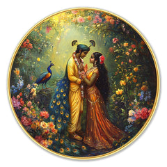 DEKORSTATION Premium Radha Krishna Modern Wall Art with Sparkle Lamination Painting - Golden Slim Round Frame Devotional Painting for Living Room & Pooja Room - Finished Surface Spiritual Wall Decor, 12 x 12 Inch