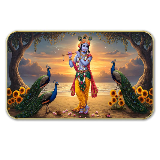 DEKORSTATION Premium Lord Krishna Playing Flute on Beach Art with Sparkle Lamination - Golden Slim Frame Devotional Painting with Peacocks & Sunflowers - Finished Surface Spiritual Wall Decor, 11 x 14 Inch