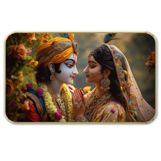 DEKORSTATION Premium Radha Krishna Divine Couple Round Wall Art with Sparkle Lamination - Golden Slim Circular Frame Devotional Painting for Living Room & Pooja Room - Finished Surface Spiritual Wall Decor, 11 x 14 Inch
