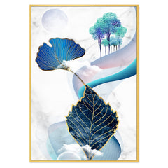 DEKORSTATION Abstract Blue & Gold Leaf Canvas Painting with Moon & Trees | Modern Wall Art for Living Room Bedroom Office | Luxury Nature Home Decor