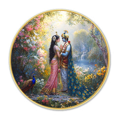 DEKORSTATION Luxury Radha Krishna Divine Love Wall Decor - Sparkle Finished Surface with Slim Golden Circular Frame Painting Premium Spiritual Art for Home, Office & Hotel - 12x12 Inch Round Religious Painting