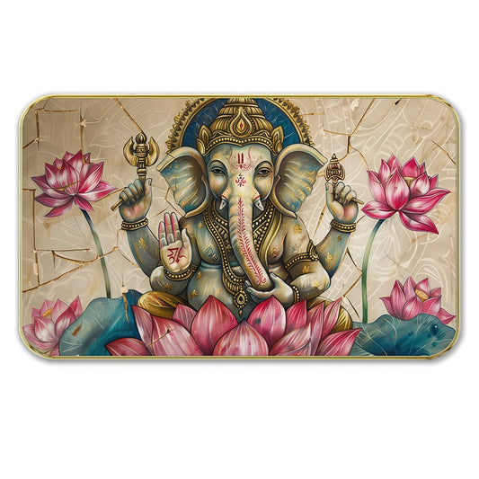 DEKORSTATION Premium Lord Ganesha on Pink Lotus Wall Art with Sparkle Lamination - Golden Slim Frame Ganpati Painting with Marble Texture Background - Finished Surface Spiritual Wall Decor, 11 x 14 Inch