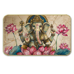 DEKORSTATION Premium Lord Ganesha on Pink Lotus Wall Art with Sparkle Lamination - Golden Slim Frame Ganpati Painting with Marble Texture Background - Finished Surface Spiritual Wall Decor, 11 x 14 Inch