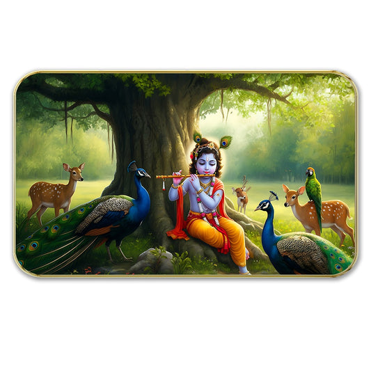 DEKORSTATION Premium Bal Krishna Playing Flute in Vrindavan Forest Art with Sparkle Lamination - Golden Slim Frame Devotional Painting with Peacocks & Deer for Kids Room - Finished Surface Spiritual Wall Hanging, 11 x 14 Inch