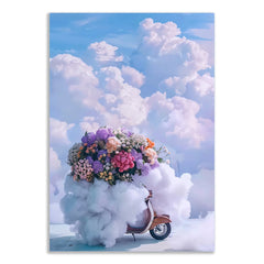 Scooter On Cloud Ride Floral Fantasy Canvas Wall Painting Dreamy Pastel Sky Decor for Wall Decoration Elegant Kids Art Stretched Wall Paintings