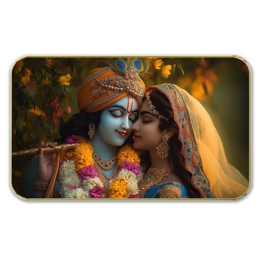DEKORSTATION Premium Radha Krishna Modern Wall Art with Sparkle Lamination - Golden Slim Frame Devotional Painting for Living Room & Pooja Room - Finished Surface Wall Decor, 11 x 14 Inch