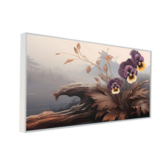 Moody Floral Landscape with Pansies and Misty Mountains canvas painting