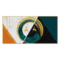 DEKORSTATION Luxury Golden Deer Abstract Circle Canvas Wall Painting Modern Marble Geometric Wall Art Decor For Living Room | Bedroom | Office | Drawing room