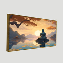 Meditation Buddha In Lake With Sunrise Canvas Wall Painting