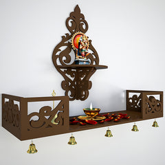 Beautiful Wall Hanging Wooden Temple/ Pooja Mandir Design with Shelf, Brown Color (DS001)