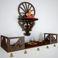 Beautiful Wall Hanging Wooden Temple/ Pooja Mandir Design with Shelf, Brown Color (DS003)