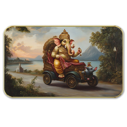 DEKORSTATION Premium Lord Ganesha in Vintage Car Modern Art Wall Decor with Sparkle Lamination - Golden Slim Frame Ganpati Painting for Living Room & Office - Finished Surface Spiritual Wall Hanging, 11 x 14 Inch