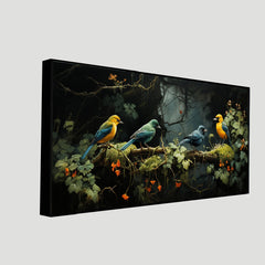 Beautiful Four Colorful Bird On The Branch Canvas Painting
