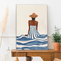 Canvas Painting Ocean Breeze Stylish Woman in Sun Hat on sea ??wave Canvas Art for Wall Decoration Elegant Little Girl Moder Art Stretched Wall Paintings