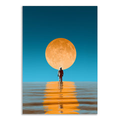 Man walk On River Canvas Painting With with Golden Moon Reflection Wall Art for Wall Decoration Elegant Roman Warrior Moder Art Stretched Wall Paintings
