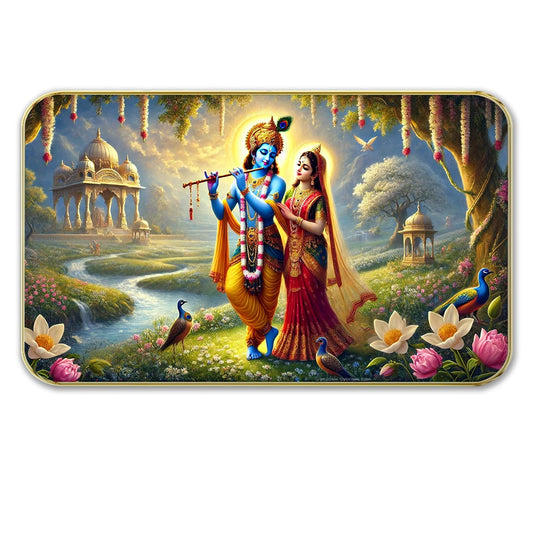 DEKORSTATION Premium Radha Krishna in Vrindavan Garden Wall Art with Sparkle Lamination - Golden Slim Frame Devotional Painting with Lotus & Peacocks for Living Room - Finished Surface Spiritual Wall Decor, 11 x 14 Inch