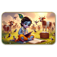 DEKORSTATION Adorable Baby Krishna Artwork with Cows Sparkle lamination for a vibrant, glossy finish that catches the eye Elegant golden slim frame adds a touch of luxury and refinement 11 x 14 Inch | Home, Office & Hotel Decor