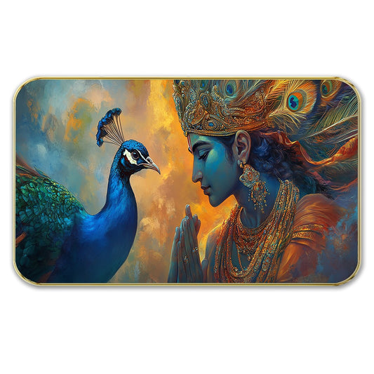 DEKORSTATION Premium Lord Krishna and Peacock Wall Art with Sparkle Lamination - Golden Slim Frame Devotional Painting for Living Room & Office - Finished Surface Spiritual Wall Decor, 11 x 14 Inch