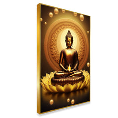 Canvas painting meditating Lord Buddha sitting on lotus flower Calm Golden Buddha statue Painting