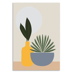 Boho Minimalist Plant Canvas Wall Painting Abstract Botanical Art with Vases and Sun, Modern Home Decor for Wall Decoration Elegant Modern Art Stretched Wall Paintings