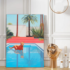 Chill Cat Vibes in summer Adorable Cat Poolside Vibrant Modern Canvas Wall Painting for Wall Decoration Elegant Art Stretched Wall Paintings