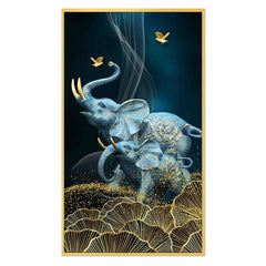 DEKORSTATION Royal Blue Elephant Family Canvas Wall Painting | Luxury Abstract Elephant with Gold Floral Art Decor For Living Room | Bedroom | Office | Drawing room