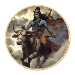 DEKORSTATION Premium Lord Shiva Riding Nandi Round Wall Art with Sparkle Lamination - Golden Slim Circular Frame Mahadev Painting for Living Room & Pooja Room - Finished Surface Spiritual Wall Decor, 12 x 12 Inch