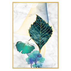 DEKORSTATION Abstract Teal Leaf Canvas Painting with Gold Foil Effect | Modern Wall Art for Living Room Bedroom Office | Marble Texture Background Home Decor