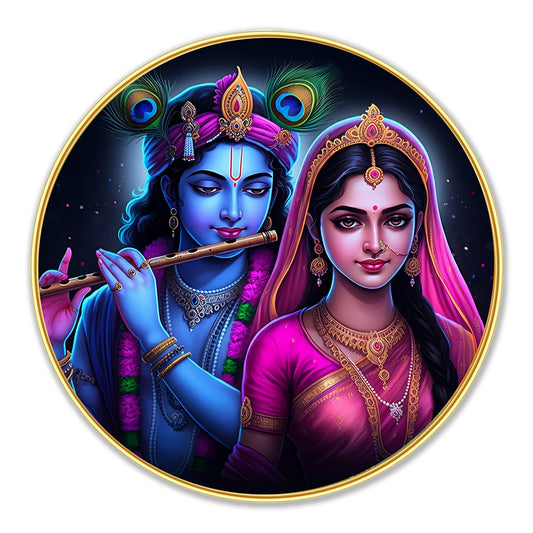 DEKORSTATION Premium Radha Krishna Round Divine Love Wall Art with Sparkle Lamination - Golden Slim Circular Frame Devotional Painting for Living Room & Pooja Room - Finished Surface Spiritual Wall Decor, 12 x 12 Inch
