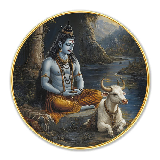 DEKORSTATION Premium Lord Shiva and Nandi Round Wall Art with Sparkle Lamination - Golden Slim Circular Frame Mahadev Painting for Living Room & Pooja Room - Finished Surface Spiritual Wall Decor, 12 x 12 Inch