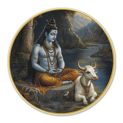 DEKORSTATION Premium Lord Shiva and Nandi Round Wall Art with Sparkle Lamination - Golden Slim Circular Frame Mahadev Painting for Living Room & Pooja Room - Finished Surface Spiritual Wall Decor, 12 x 12 Inch
