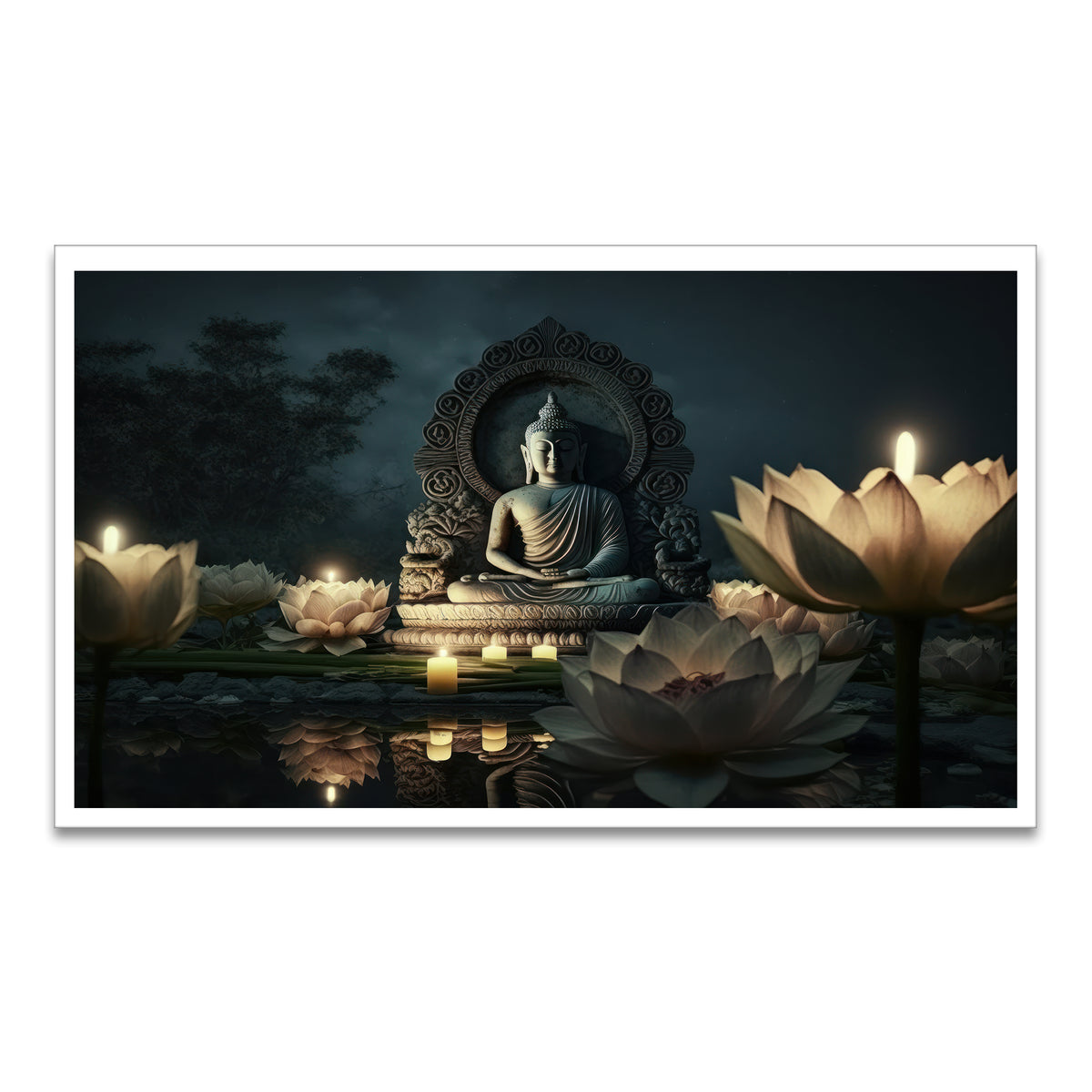 Lord Buddha Meditating in Lotus Floating Frame Canvas Wall Painting